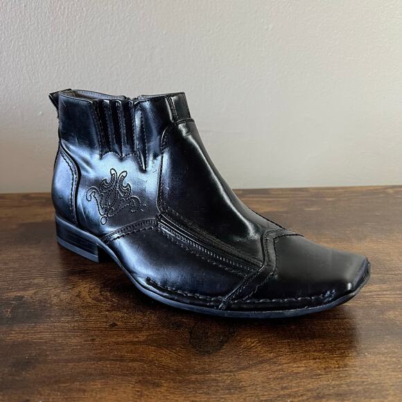 Stacy Adams Chelsea Ankle Boots 6.5 Mens Black Faux Leather Square Toe Brogue - Picture 1 of 10